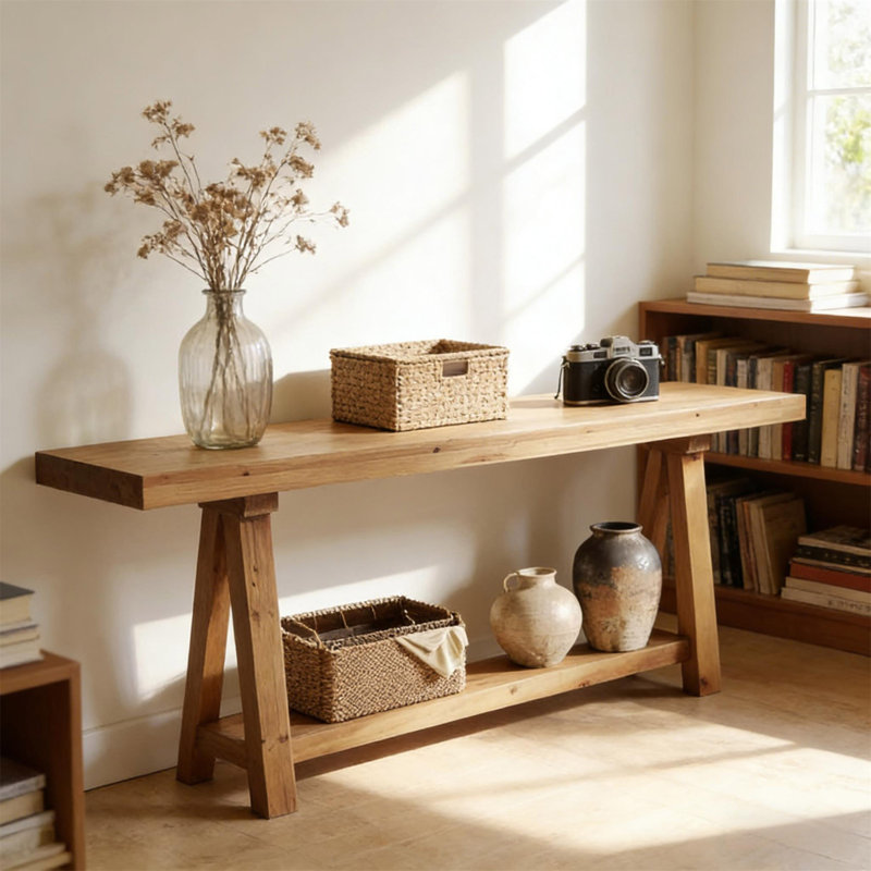Table basse de style naturel, table d'entrée en bois, console élégante