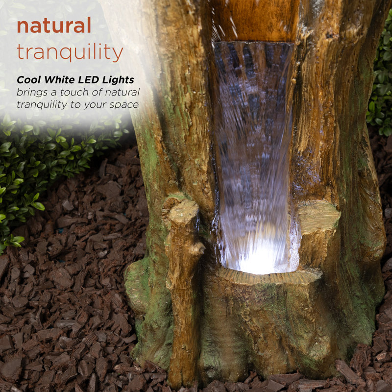 Open Tree Trunk Fountain w/Cool White LED Lights, 22" H x 11" W x 13" D