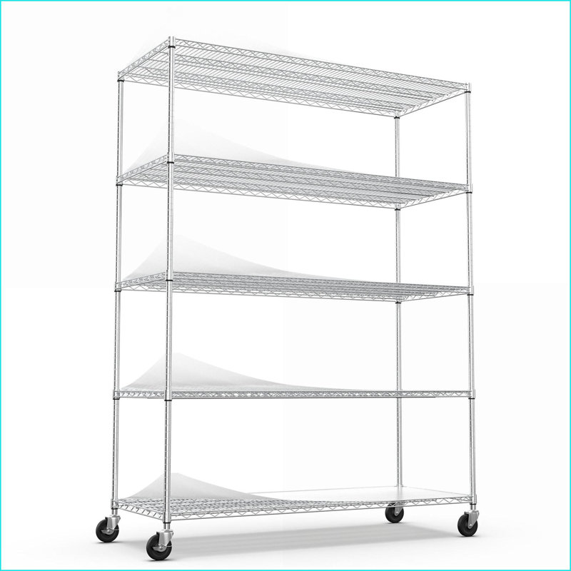Support de rangement réglable à 5 niveaux robuste, capacité de 7500 lb, roues et amp; Doublures de tablettes H 82 po x L 60 po x P 24 po | Chrome | Métal + plastique