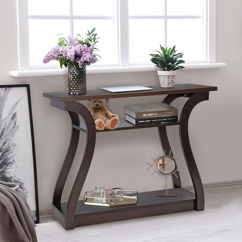 Wood Console Table With Curved Legs And Shelf, 3 Tier M...