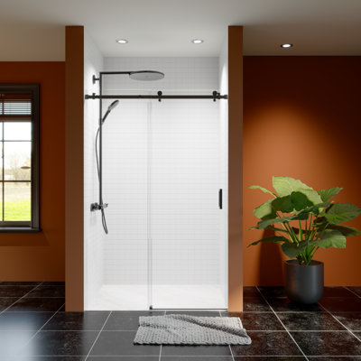 46"-48" W X 76" H Frameless Single Sliding Shower Door,  5/16" (8Mm) Thickened Upgrade Tempered Glass Door, Smooth Roller Stainless Steel Hardware, Reversible Mounted Modern Bathroom Enclosure