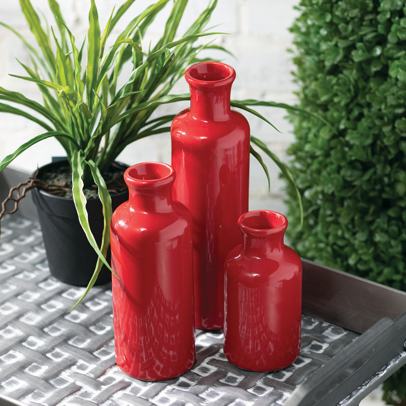 Red Ceramic Bottle Vase Set in Three Sizes