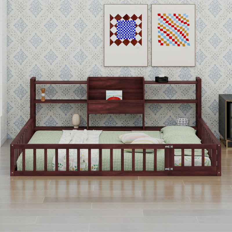 Base de lit à plancher bas avec clôture et tablettes de rangement à 3 niveaux, accès facile pour les tout-petits, Grand lit