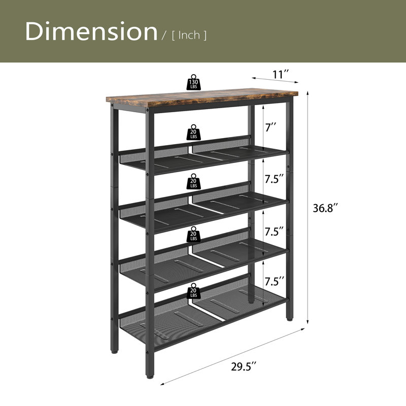Industrial Shoe Rack, Adjustable Country Style 5-Layer Shoe Rack Storage Rack, With 4 Mesh Shelves