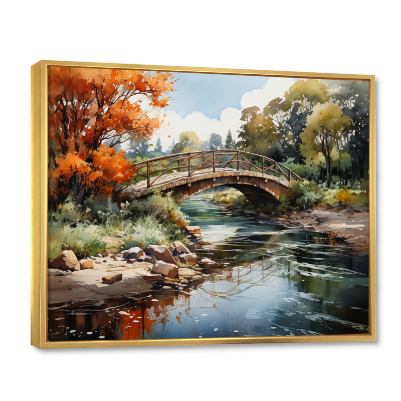 Maddoc Beige Bridge Impressionist Crossing An I - print, H 34 po x l 44 po x P 1,5 po, Cadre flottant doré