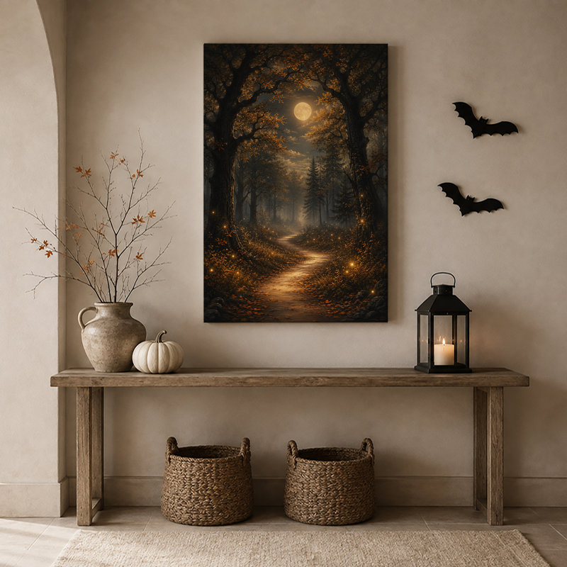 «Autumn Forest Path Under Full Moon with Glowing Halloween», art mural sur toile, H 36 po x l 24 po