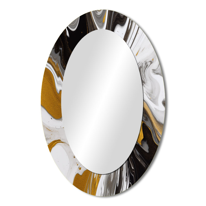 Gold Black Marble Symphony - Abstract Oval Decorative Mirror On Metal, 36" x 24"