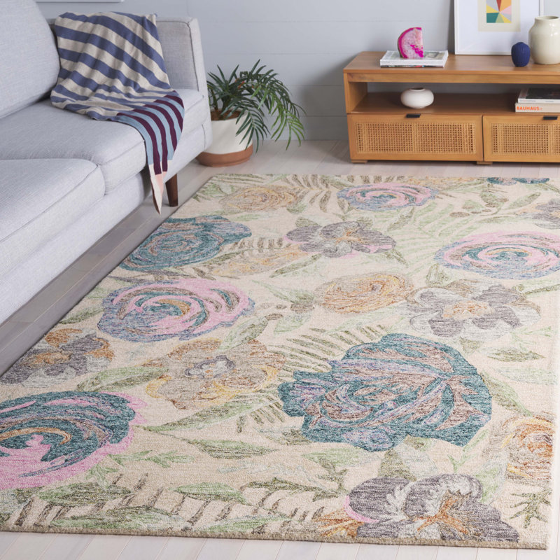 Tapis floral touffeté en laine / coton Jonson, Rectangle 4 po x 6 po