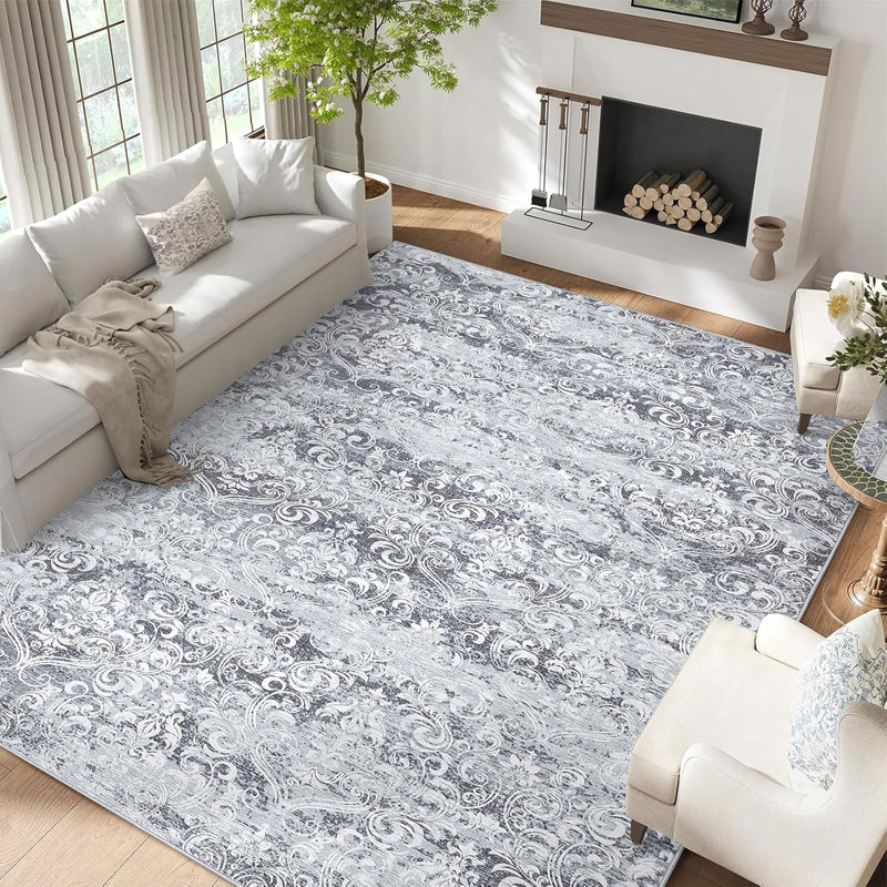 Washable Area Rugs for Living Room, Soft Vintage Damask Distressed Large Bedroom Rug Foldable Low Pile Indoor Floor Carpet, Grey