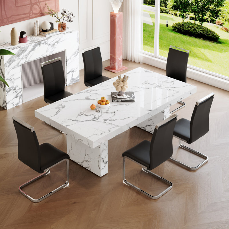 Ensemble de 6 tables de salle à manger en marbre, Noir, noir, noir, noir, 7 pièces : table, 6 chaises