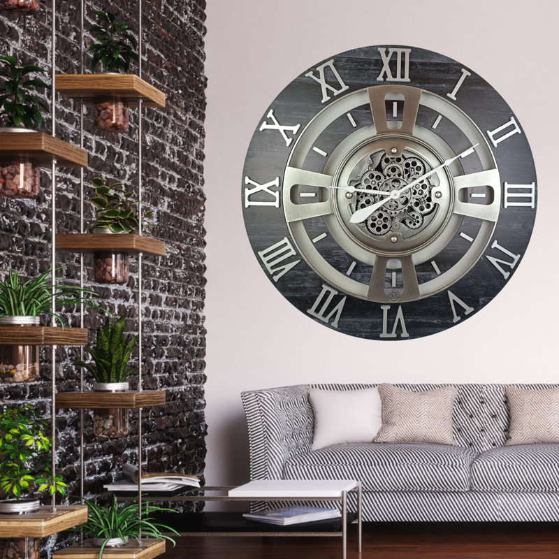 Oversized Vintage Black Wall Clock with Real Moving Gears
