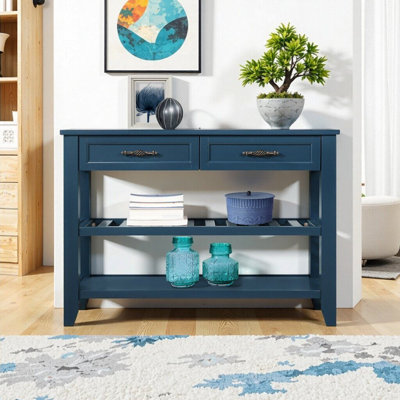 Console Mid-Century bleu marine avec 2 tiroirs et 2 tablettes à niveaux - Buffet en bois massif rustique pour le salon, l'entrée et plus