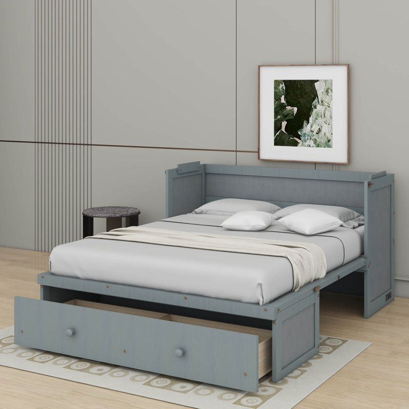 Grand lit escamotable avec port USB et tiroir, gris