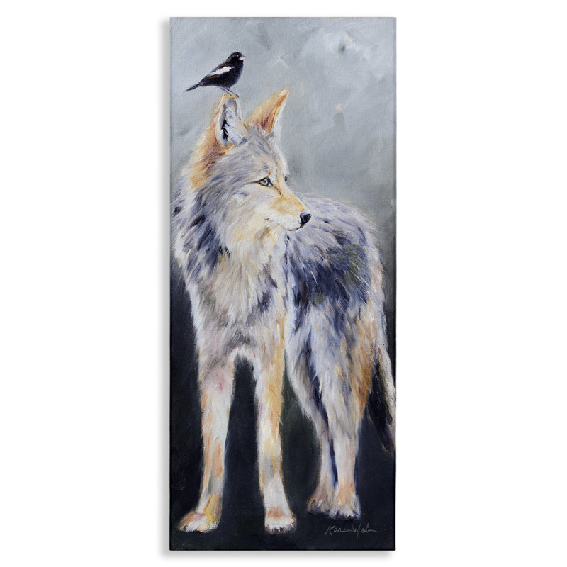 Forêt sauvage, coyote et oiseau noir perché - impression d'art graphique, H 48 po x l 20 po