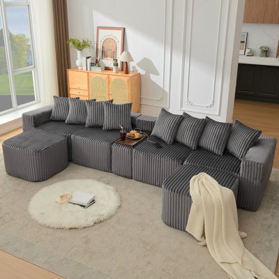 137.5" U Shaped Sofa , USB & Wireless Charge, Coffee Table Board With A Cup Holder, Oversize Movable Modular Sofa,Movable Footstool,No Assembly,6 Seats,Corduroy,Gray