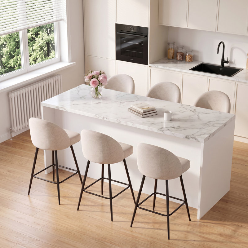 Ensemble de 6 tabourets de bar à hauteur de comptoir avec dossier et pieds en métal Levick, Beige / chenille