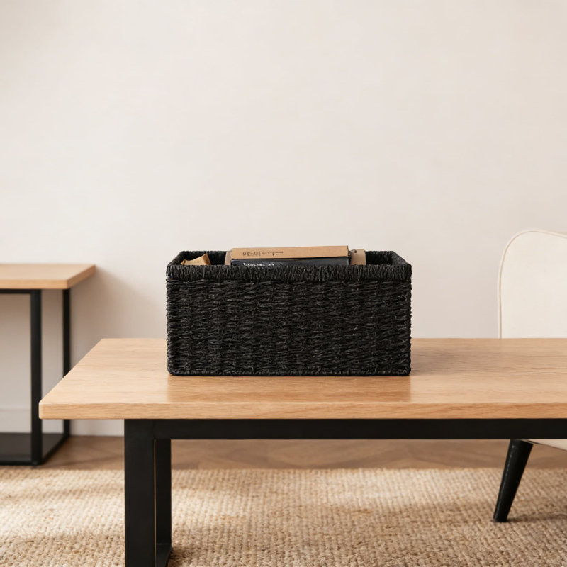 Woven Paper Rope Storage Basket With Handle, Foldable Rectangular Organizer Bin For Shelves, Closet, And Home Decor, Black