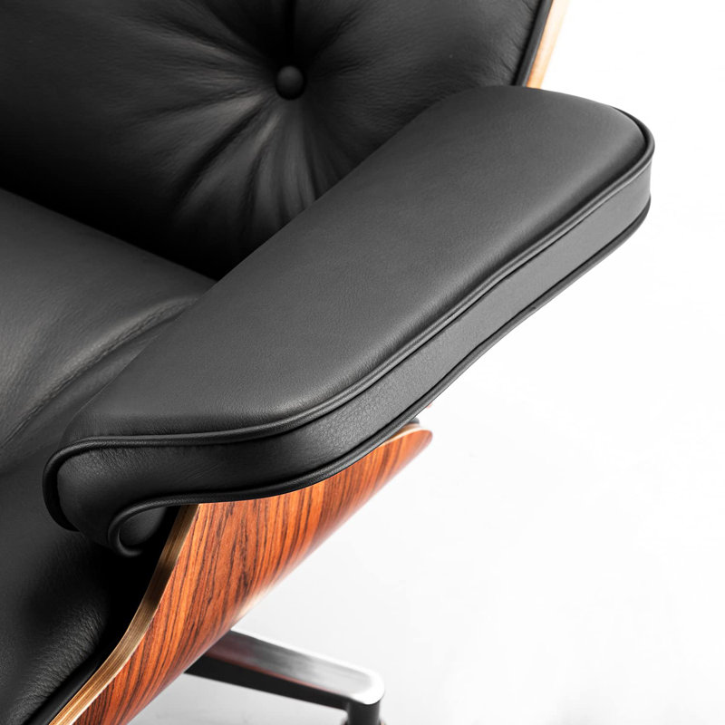 Black and Pallsander Leather Swivel Chaise Lounge Chair with Ottoman