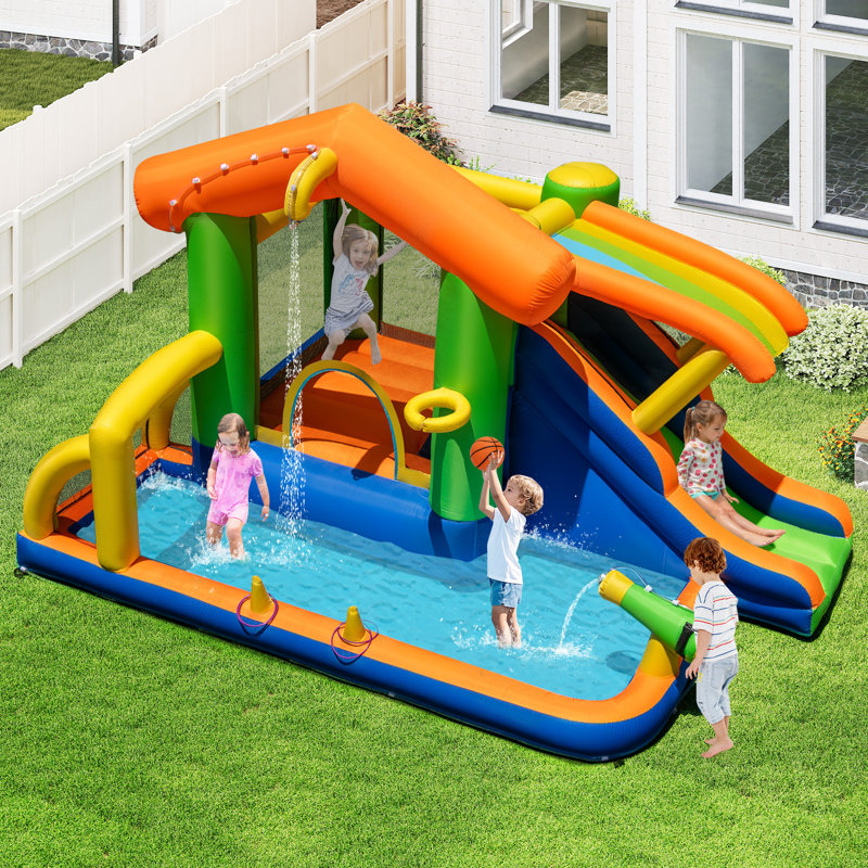 Parc aquatique 8-en-1 multifonctionnel avec glissade avec canon à eau mural avec ventilateur 480W