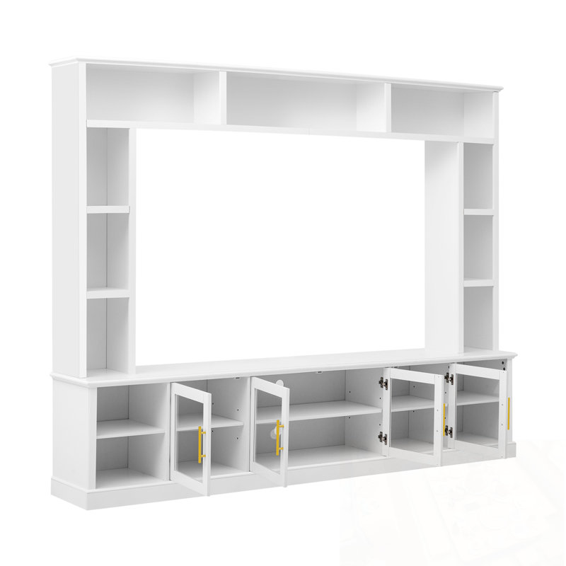 TV Stand with Bookshelves and 4 Glass Doors, White