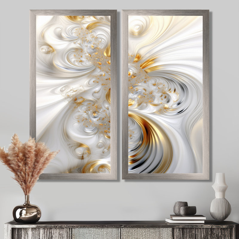 «Whirling River Dynamics Gold and White - Abstract Spirals, impressions sur toile, art mural abstrait blanc 2 panneaux
