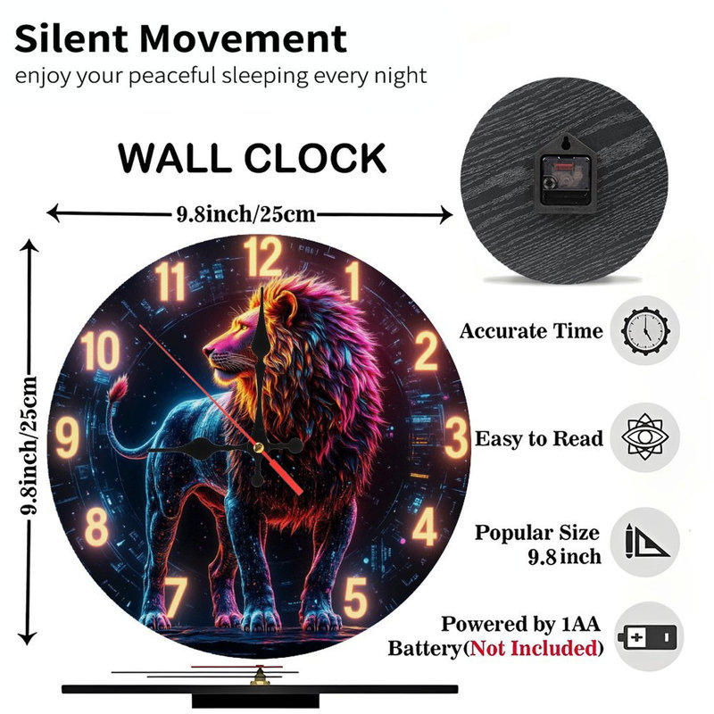 Horloge artistique lion aux couleurs néon et design unique