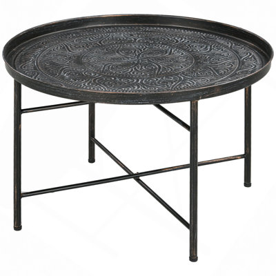 24" Round Coffee Table with Hammered Tray Top, Vintage Metal Center Table