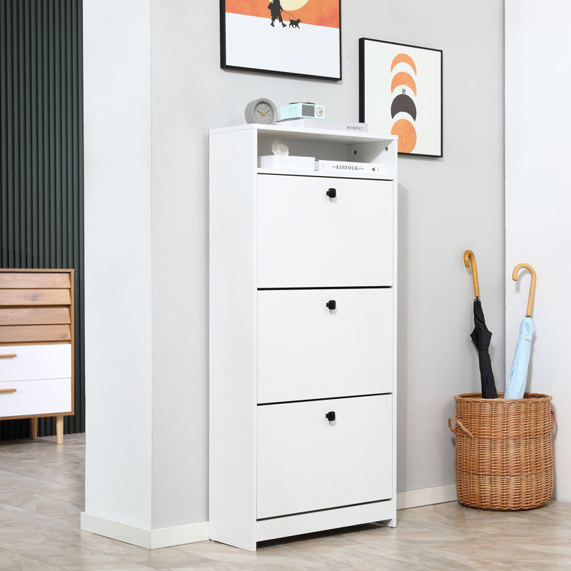 Armoire à chaussures mince, armoire de rangement à chaussures tendance avec 3 grands tiroirs rabattables et une surface supérieure spacieuse pour les petits objets, blanc