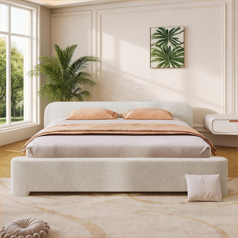 Cadre de lit double tapissier Minimalist Silhouette, aucun sommier requis, Boucle blanc classique