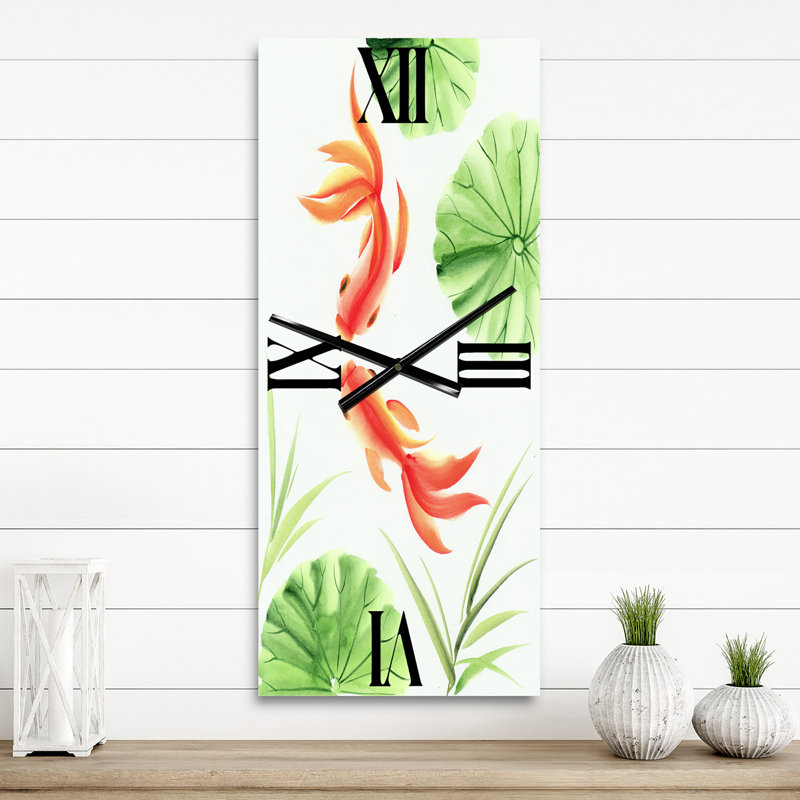 Horloge murale poissons rouges parmi les feuilles de lotus, Grand