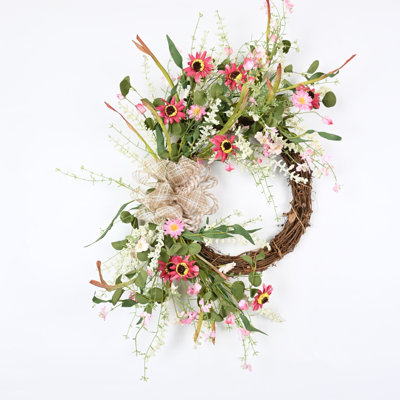 22" Artificial Farmhouse Spring Summer Berry Eucalyptus Bow Daisy Floral Wreath For Front Door