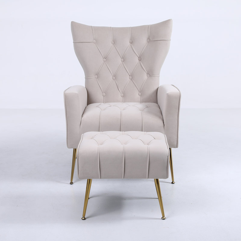 Chaise d'appoint rembourrée avec coussins capitonnés et repose-pieds beige, Beige