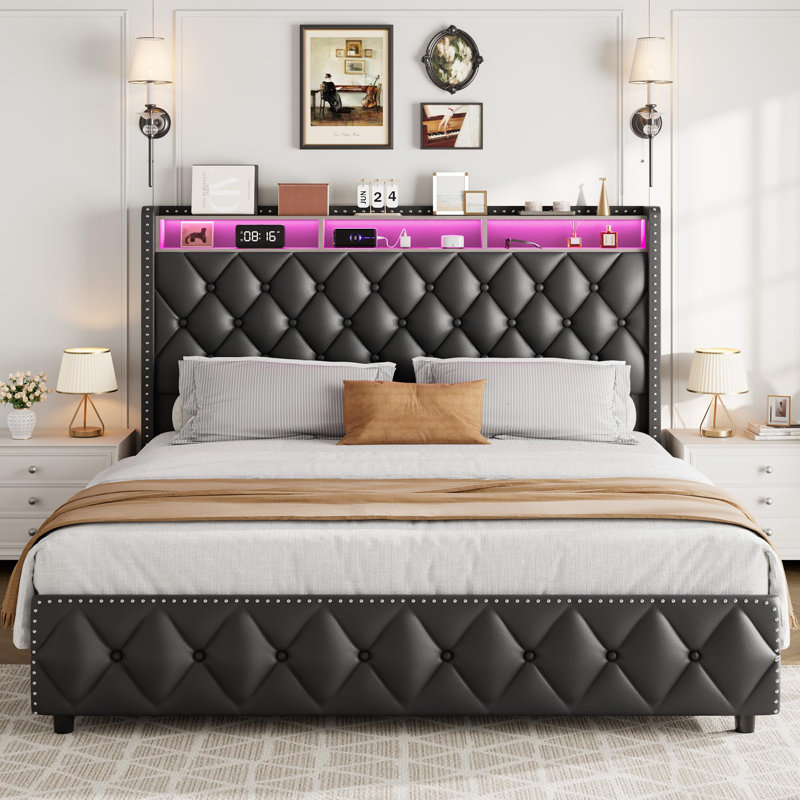 Bed Frame With 50.8" Tall Headboard, Platform Velvet Upholstered Bed Frame With 4 Storage Drawers, Queen, Light Gray
