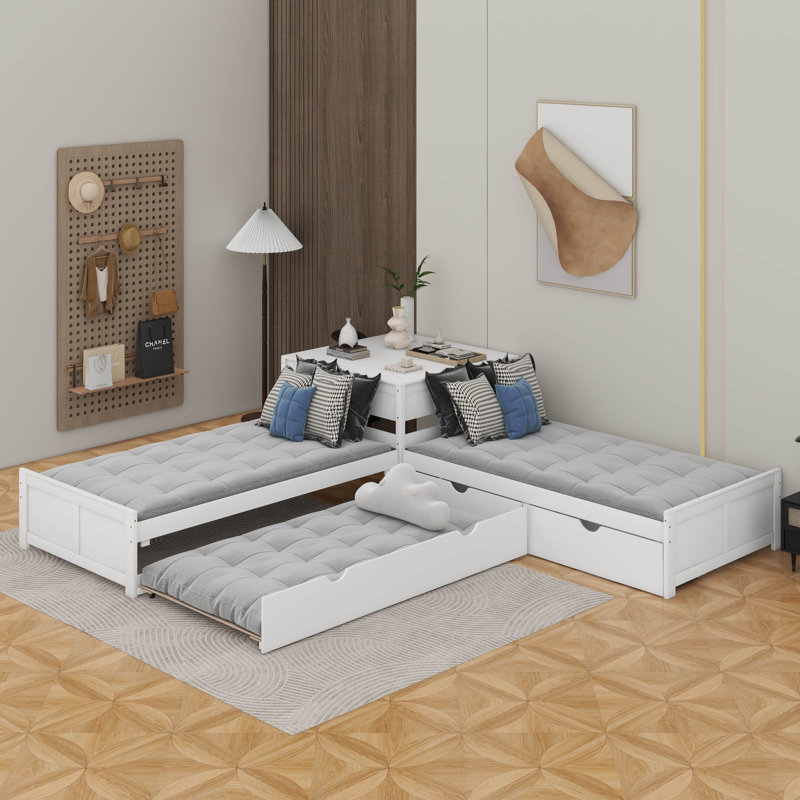 Lit plateforme simple en L avec lit gigogne, bureau et tiroirs, Blanc