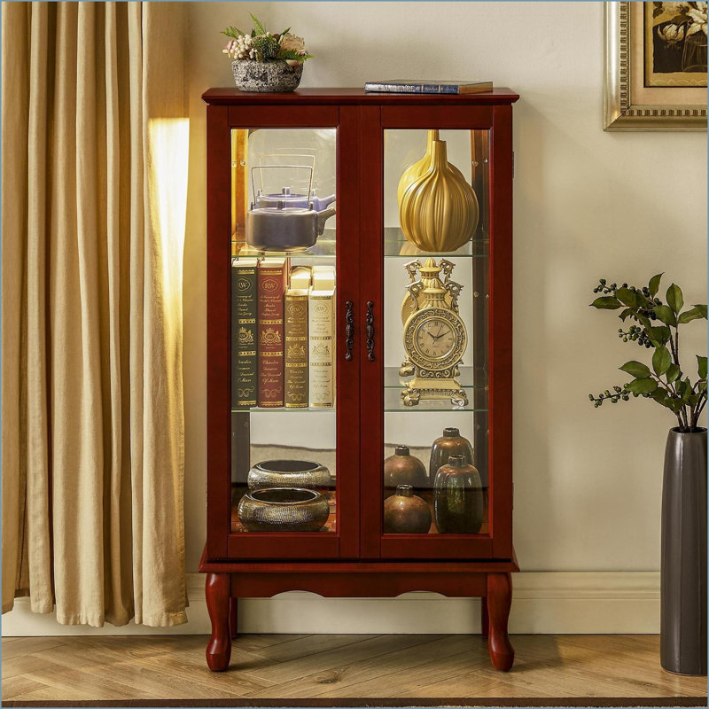 Armoires | Vitrine lumineuse en cerisier lumineux, solide & amp; Bois composite avec tablettes réglables, dossier en miroir | Traditionnel | Salon
