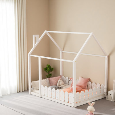(Slats Are Not Included) Full Size Wood Bed House Bed Frame With Fence,For Kids,Teens,Girls,Boys