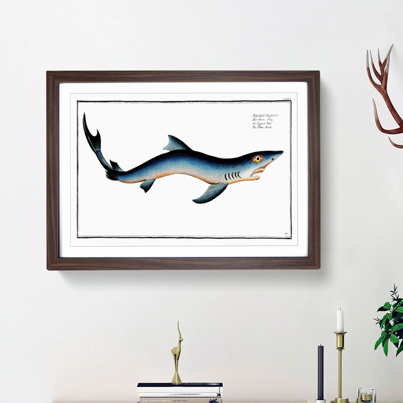 Blue Shark by M.E. Bloch - Picture Frame Painting Print, 48cm H x 65cm W x 2cm D, Walnut Framed