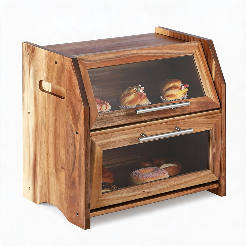 Boîte à pain à 2 niveaux, grande boîte à pain avec portes transparentes et aérations, en bois d'acacia de style campagnard, idéale pour le pain, les bagels et les petits pains, couleur marron.