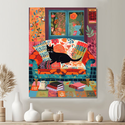 Black Cat On Cozy Boho Sofa - Cat Wall Art Print