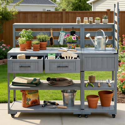 62" Extra-Wide Rolling Outdoor Kitchen Island With Stainless Steel Top, Modular BBQ Prep Table & Potting Bench With 2 Drawer