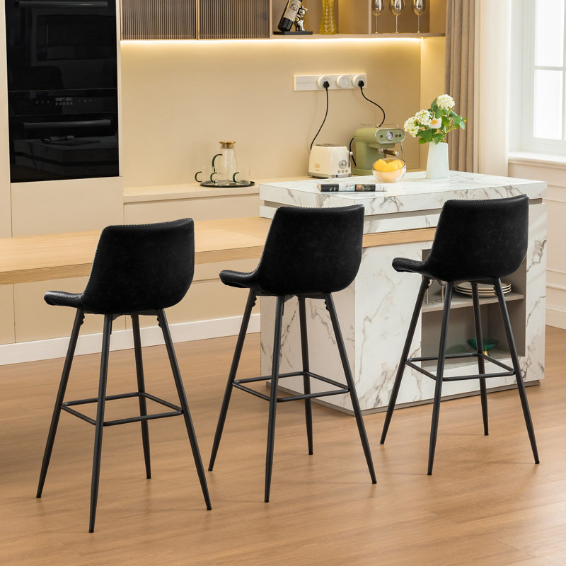 Tabouret de comptoir moderne en similicuir, Noir, noir, noir, noir, Tabouret de bar (siège d'une hauteur de 28 po), 3