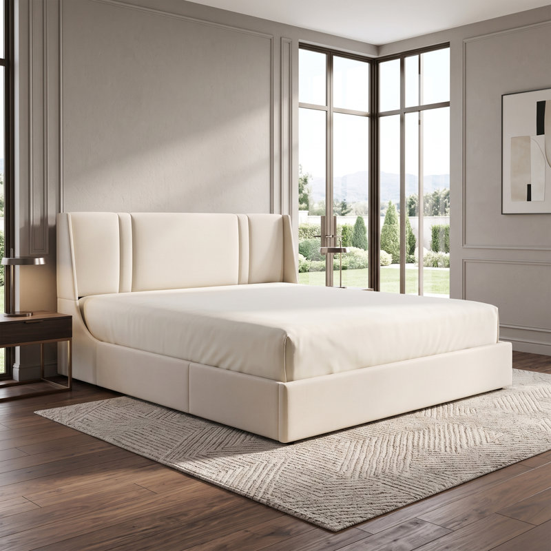 41.7" Velvet Curved Wingback King Bed Frame with Hydraulic Lift, No Box Spring Needed, White, White, King