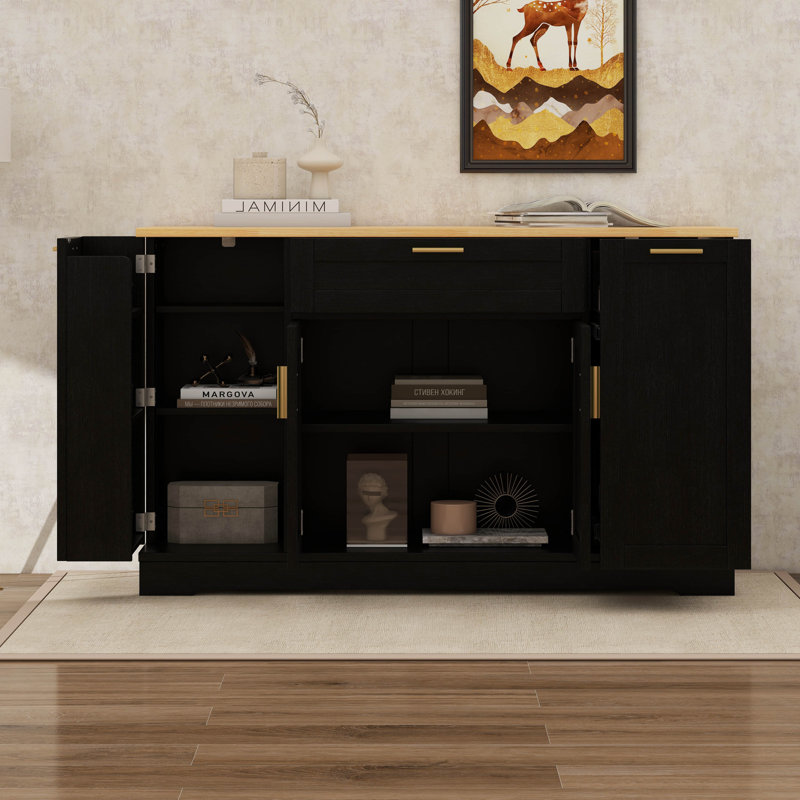 Multi-Functional Storage Sideboard, Modern Kitchen Island With Extendable Dining Table, Adjustable Shelves, 3-Tier Pull-Out Rack, Drawer
