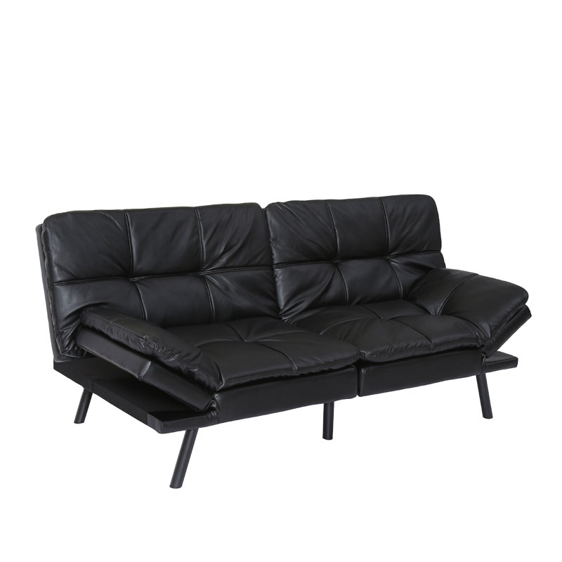 Besharat 71" Full Wide Leather Futon Split Back Convertible Sofa, Faux Leather Black