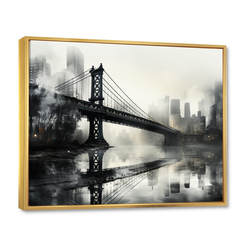 «Gray Bridge Urban Connection Charcoal I», reproduction d'art sur toile, H 12 po x l 20 po x P 1 po, Cadre flottant doré