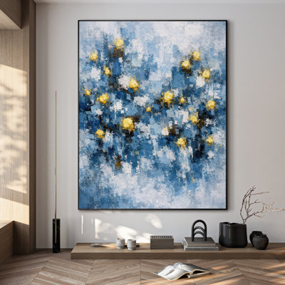 Très grande reproduction d'art sur tissu - Composition abstraite bleu foncé avec des accents de lumière dorée, décoration murale moderne et élégante pour le salon ou la chambre à coucher - «Assemblage requis du cadre (cadre non fini)»