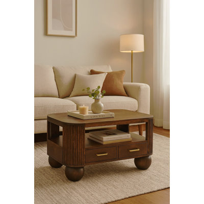 Table basse à pieds sphériques en bois massif avec pieds à 2 tiroirs et 1 tablette