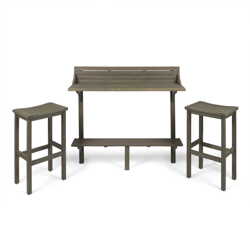 3-Piece Balcony Bar Set with Bottom Shelf Table and 2 Stools, Grey Finish