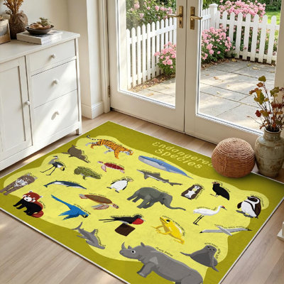 Tapis d'intérieur asiatique noir lavable à la machine, motif animaux de dessin animé.