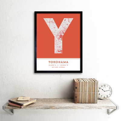 Yokohama City Map Yokohama Orange by Wee Blue Coo - Single Picture Frame Typography